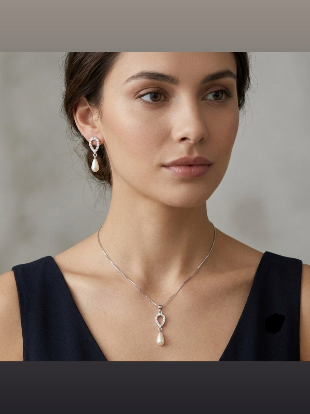 Pearl Teardrop Crystal Pendant Necklace and Earrings Set - 925 Sterling Silver
